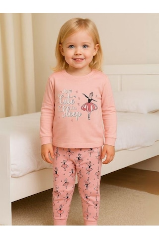 Kız Çocuk Pamuklu Balerin Baskılı Pijama-16018 Pembe