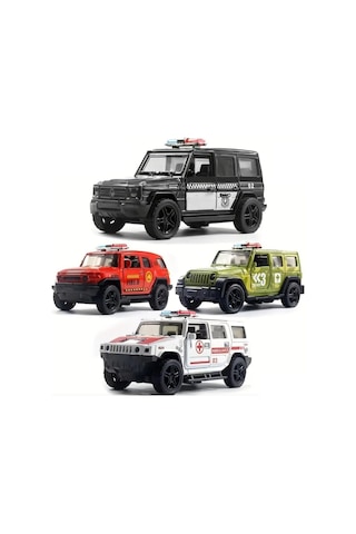 4'lü Die-cast Metal Oyuncak Araba Seti - Sesli Işıklı Çek Bırak İtfaiye Polis Ambulans Askeri Araç Çok Renkli