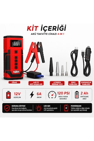 Attlas Ajs 12 4'ü 1 Arada Akü Takviye Cihazı 12v 6a 120 Psı Lastik Şişirme Powerbank Led