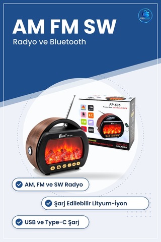 Bluetooth Hoparlör Şömineli Radyo Fenerli Am Fm Sw Usb Type-c Tf