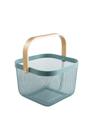 Sones Kare Ahşap Saplı Örgü Sepet Atıştırmalık Meyve Saklama Sepeti Mavi