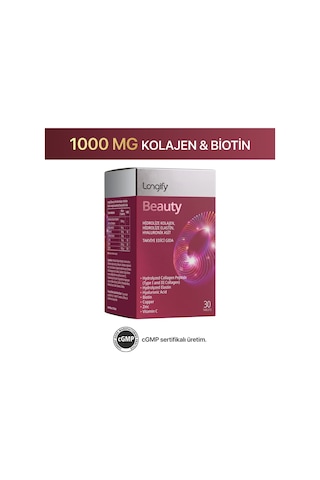 Longify Beauty Hidrolize Kolajen Tip 1 Ve Tip 3, Hidrolize Elastin, Hyaluronik Asit, Biotin, Vitamin C, Çinko, Bakır Takviye Edici Gıda 30 Tablet