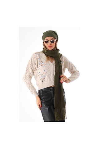 Kadın Ipli Bere Haki Selanik Örgü Atkı Takım Haki