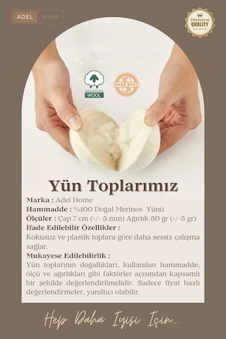 %100 Yün Kurutma Topları 6'lı Paket + Keten Saklama Torbası