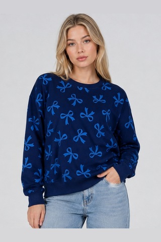 Fiolin 3 İplik Şardonlu Kurdele Desenli Sweatshirt Lacivert