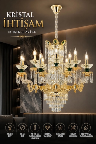 Modern Premium Yeşil Detaylı Klasik 12'li Gold Avize E14 Duylu Lüks Salon Avizesi
