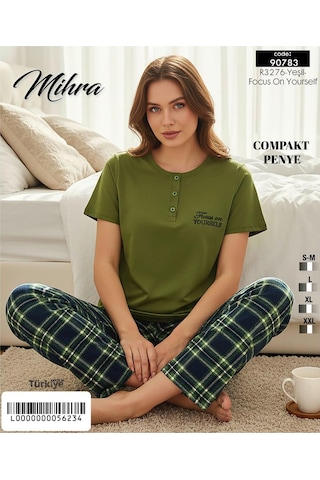 Mihra Kadın Compakt Penye Düğmeli Yaka Kısa Kol İnce Pijama Takımı 90783y - 1 Adet Yeşil
