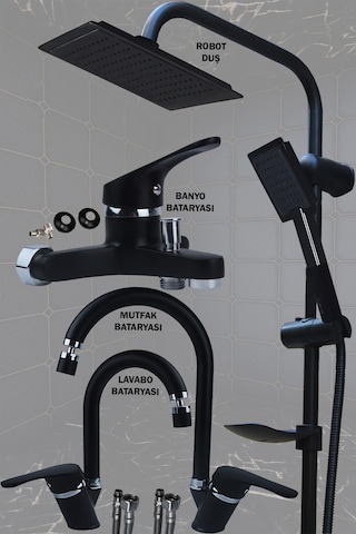 Irmak Lavabo Banyo Mutfak Bataryası Ve Rainy Robot Duş Siyah Banyo Seti Armatür Musluk Batarya Duş Siyah