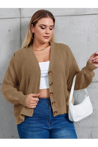 Defymoda Kadın Beş Düğme Büyük Beden Triko Hırka Kahve