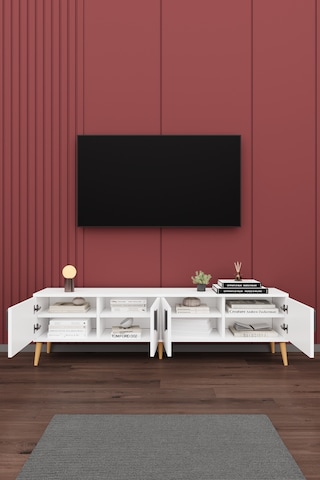 Asra Trend Tv Ünitesi T-01 %100 MDF 160 cm Tv Sehpası 4 Kapaklı Raflı Beyaz