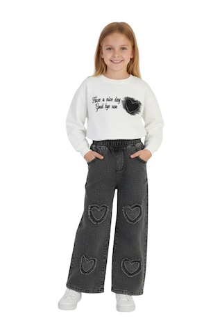 Erdem Kıds Kız Çocuk Bayramlık Günlük - Casual Geniş-bol Paça Palazzo Kot Pantolon-sweatshirt İkili Takım Beyaz - Siyah Beyaz - Siyah