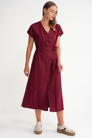 4721 Kadın V Yaka Düğme Detaylı Keten Elbise Bordo Bordo