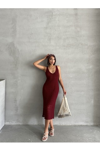 Kadın Askılı Ajurlu Yazlık Triko Elbise Bordo