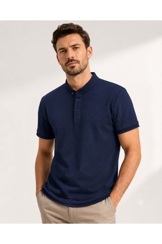 Wiox Polo Yakal Çıtlı Jakarlı Tişört Lacivert