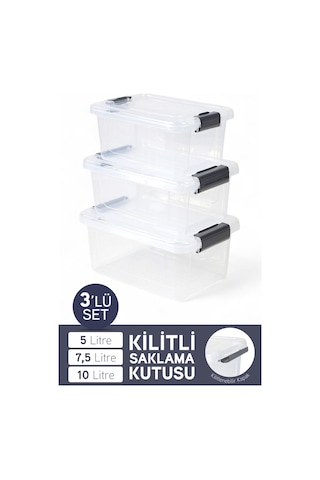 İronika 3'lü Saklama Kabı Yatay Dikdörtgen Kilitli Kapaklı Çok Amaçlı Oyuncak Saklama Kutusu 5-7,5-10 Litre Şeffaf