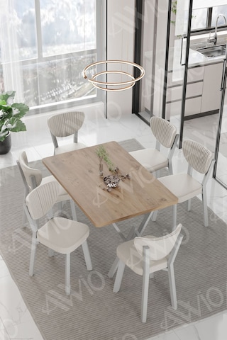 Avvio Lidyana Elma Sandalye 80x140 Yemek Masası Mutfak Masası 6 Kişilik Masa Sandalye Takım Akça