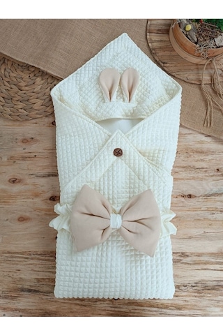 Ekru & Tavşan Kulaklı Bebek Battaniyesi - %100 Pamuklu Mevsimlik Bebek Kundağı Ekru