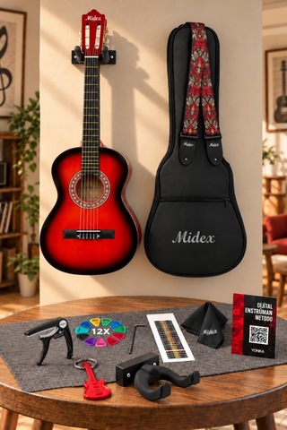 Midex Cg-36rd-pak Kaliteli 36 İnç 3/4 Juniur Çocuk Gitarı 8-12 Yaş Arası Tuner Çanta Capo Askı Nota Sticker Pena Metod