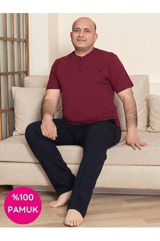 Erkek Geniş Kalıp %100 Pamuk Kısa Kol Cepli Büyük Beden Pijama Takımı Bordo