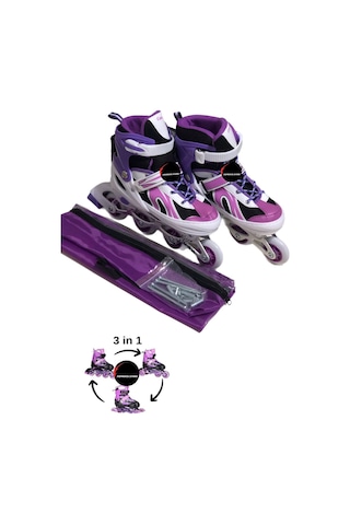 Işıklı Çocuk Pateni Silikon Ayarlanabilir Teker Metal Gövde Numaralı Çantalı 3 In 1 Mor