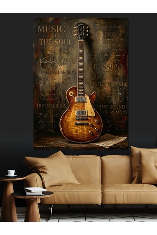 Paslı Duvarda Klasik Elektro Gitar Dekoratif Kanvas - Mdf Ahşap Tablo