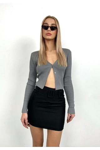 Black Fashion Kemerli Mini Etek Siyah
