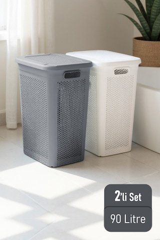 İronika Slim İki Bölmeli Kapaklı Dekoratif Kirli Çamaşır Sepeti 90 Litre Gri - Beyaz Gri