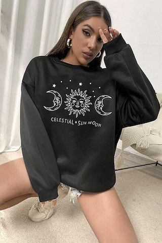 Blackjack Giyim Baskılı Sweatshirt Ay Baskı