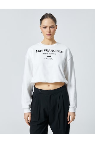 Koton Crop Sweatshirt Baskılı Bisiklet Yaka Pamuklu Beyaz 4sak10207ek Beyaz