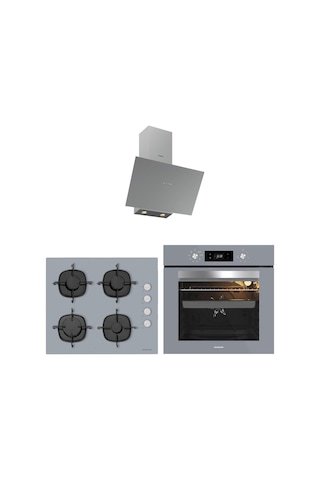 Silverline 3481 Flam Davlumbaz - CS5335S01 Ocak - BO65E4S01 Gri Fırın Gri Cam Ankastre Set