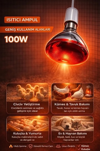 Zenvia 100w Isıtıcı Ampul Kırmızı Isı Lambası Civciv Kümes Kuluçka E27 Duy Isıtma Ampulü Znv2026 Belirtilmemiş