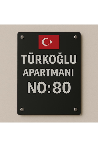 Kişiye Özel Türk Bayrağı Kapı İsimliği Yazılı Pleksi Apartman & Site Tabelası 20x30cm