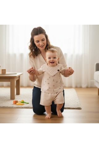 Ürünya Erkek Bebek Çocuk Kısa Kollu Şortlu 2'li Takım Bej