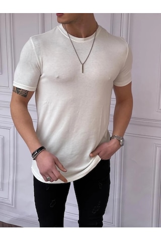 Modefendi Slim Fit Pamuk Triko Kumaş Tshırt Beyaz