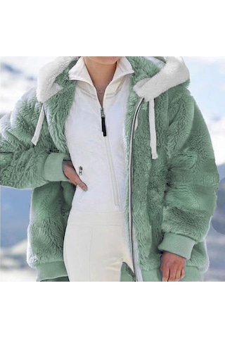 Avrupa Ve Amerika Birleşik Devletleri 2022 Sonbahar Ve Kış Sıcak Peluş Ve Fermuar Cep Kapşonlu Gevşek Ceket Kadın Ceket Yeşil