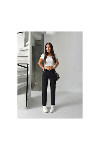 Bluemarlin Siyah Yüksek Bel Ön Bacak Taşlı Mom Jeans Kot Pantolon Siyah