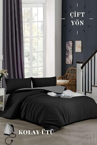 Çift Kişilik Nevresim Takımı-kolay Ütü 180x200 Gri Lastikli Çarşaf+çift Yönlü Yorgan Kılıfı+yastık Kıl Çok Renkli