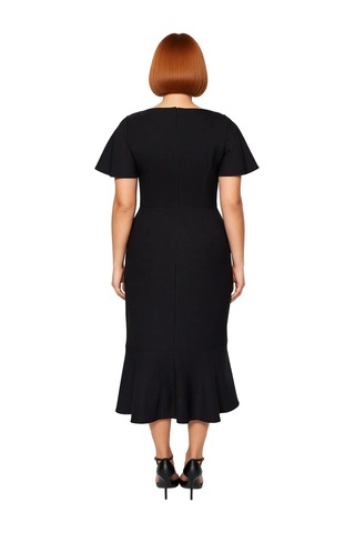 Ersefa Kadın Büyük Beden Şık Midi Elbise Dokuma Kumaş Melek Kol Bodycon Siyah