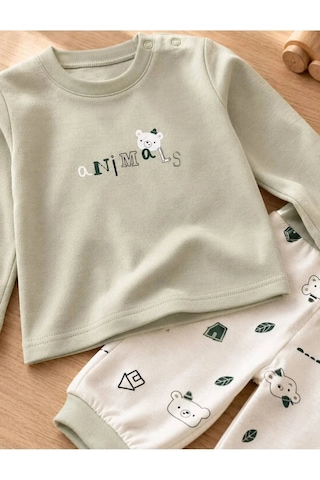 Ferasty İstanbul Unisex Bebek Pijama Takımı Ayıcık Baskılı Yeşil