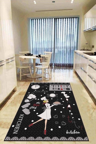 Siyah Kaymaz Taban Yıkanan Aşçı Desenli Mutfak Halısı Ar971n11