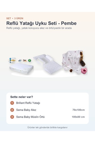 Reflü Yatağı Uyku Seti 3 Parça: Brillant Reflü Yatağı + Alez + Müslin Örtü - Pembe