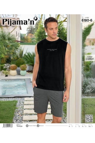 Pijamoni Erkek Bisiklet Yaka Kolsuz Şortlu Pijama Takımı 6180/6 - 1 Adet Siyah