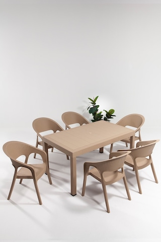 Garden Large 90x150cm Rattan Cappucino Masa Takımı Bahçe&balkon - 1 Masa 6 Sandalye Krem