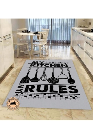 Mutfak Halısı Modern My Kitchen Yazılı Halı Dijital Baskı Makine Gri