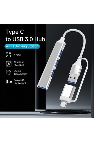 Gajeena Alüminyum Gövde 4 Usb 3.0 Portlu Çok Fonksiyonlu Usb-type-c Hub Genişletme Dönüştürücü - Gümüş