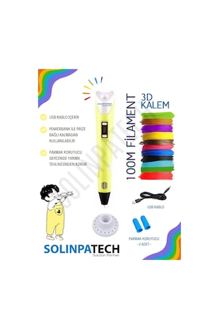 Sarı 3D Kalem 3D Pen Yazıcı Kalem | 20 Adet 5 Metre (Toplam 100 Metre) Filament + USB KABLO