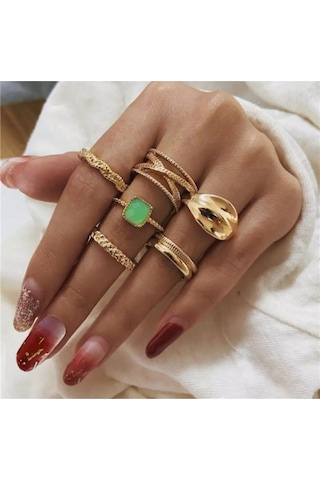 Girift Vintage Spica 6 Adet Yeşil Taşlı Gold Yüzük Seti Altın