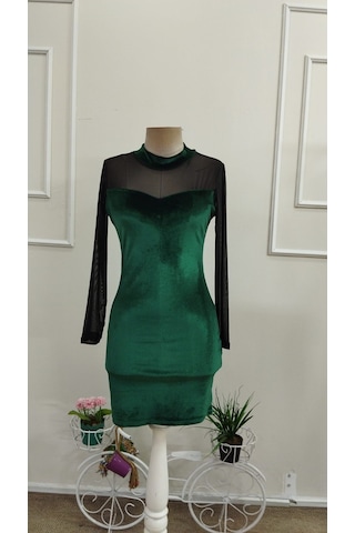 Bhrwear Kadın Uzun Kollu Balıkçı Yakalı Dekolte Tül Detaylı Kısa Kadife Elbise Renkli