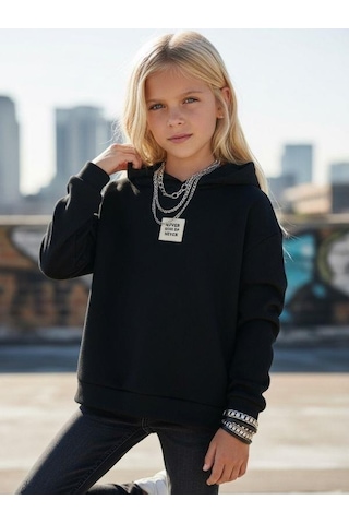 Kız Çocuk File Detaylı Kapüşonlu Sweatshirt-16680 Siyah