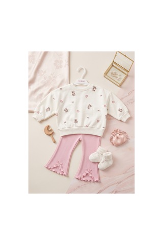 Deniva Kids Kız Bebek & Çocuk Ayıcık Desenli Sweatshirt Ve İspanyol Paça Fitilli Kaşkorse Pantolon 2'li Takım Pembe